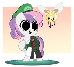 Size: 2343x2150 | Tagged: safe, artist:syrupyyy, imported from derpibooru, sweetie belle, pony, unicorn, alternate hairstyle, bag, belt, clothes, cosplay, costume, crossover, cute, cutiefly, diasweetes, female, filly, hat, high res, open mouth, pants, poké ball, pokéball, pokémon, pokémon trainer, ponytail, raised hoof, shirt, skirt, solo