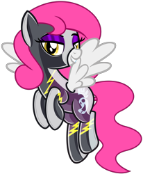 Size: 5244x6352 | Tagged: safe, artist:severity-gray, imported from derpibooru, oc, oc only, oc:storm cloud, pegasus, pony, bedroom eyes, clothes, costume, eyeshadow, flying, grin, hooves together, latex, latex suit, looking at you, makeup, rubber, rubber suit, shadowbolts costume, shiny, smiling, solo, spread wings, wings