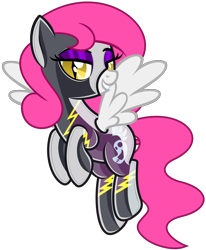 Size: 5244x6352 | Tagged: safe, alternate version, artist:severity-gray, imported from derpibooru, oc, oc only, oc:storm cloud, pegasus, pony, alternate timeline, bedroom eyes, clothes, costume, eyeshadow, flying, grin, hooves together, latex, latex suit, looking at you, makeup, nightmare takeover timeline, rubber, rubber suit, shadowbolts costume, shiny, simple background, slit eyes, slit pupils, smiling, solo, spread wings, transparent background, uniform, wings