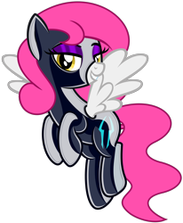 Size: 5244x6352 | Tagged: safe, alternate version, artist:severity-gray, imported from derpibooru, oc, oc only, oc:storm cloud, pegasus, pony, bedroom eyes, clothes, costume, eyeshadow, flying, grin, hooves together, latex, latex suit, looking at you, makeup, rubber, rubber suit, shiny, simple background, smiling, solo, spread wings, storm king's emblem, storm kingdom, symbol, transparent background, wings