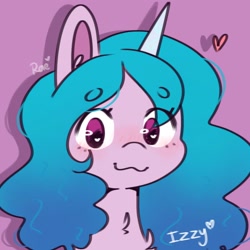 Size: 1280x1280 | Tagged: safe, artist:dearysnowy, artist:kokoaapuff, imported from derpibooru, izzy moonbow, pony, unicorn, bust, chest fluff, cute, female, g5, heart, heart eyes, izzybetes, looking at you, mare, portrait, purple background, simple background, solo, wingding eyes