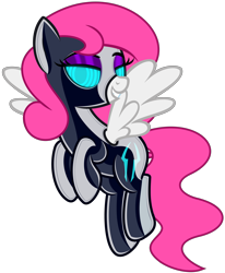 Size: 5244x6352 | Tagged: safe, alternate version, artist:severity-gray, imported from derpibooru, oc, oc only, oc:storm cloud, pegasus, pony, bedroom eyes, clothes, costume, eyeshadow, flying, glowing eyes, grin, hooves together, hypnosis, latex, latex suit, looking at you, makeup, mind control, rubber, rubber suit, shiny, simple background, smiling, solo, spread wings, storm king's emblem, storm kingdom, swirly eyes, symbol, transparent background, wings