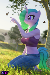 Size: 2160x3240 | Tagged: safe, artist:shadowboltsfm, imported from derpibooru, oc, oc only, oc:fiona mahri, anthro, butterfly, plantigrade anthro, unicorn, 3d, barefoot, beautiful, belly button, big breasts, blender, bra, breasts, clothes, crepuscular rays, crop top bra, cute, eyelashes, feet, female, grass, high res, jeans, midriff, not sfm, pants, smiling, solo, sports bra, sun ray, underwear