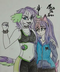Size: 720x866 | Tagged: safe, artist:theumbramistress, imported from derpibooru, oc, oc:amethyst, oc:ragdoll, dracony, hybrid, equestria girls, belly button, cat ears, choker, clothes, duo, female, half-siblings, hand on shoulder, hoodie, interspecies offspring, midriff, offspring, parent:ragamuffin, parent:rarity, parent:spike, parents:rarimuffin, parents:sparity, siblings, sisters, spiked choker, spiked wristband, sports bra, traditional art, wristband