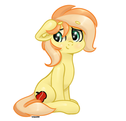 Size: 1634x1567 | Tagged: safe, artist:yelowcrom, imported from derpibooru, oc, oc only, oc:fruitlines, earth pony, pony, beanbrows, eyebrows, eyebrows visible through hair, female, floppy ears, looking back, mare, simple background, smiling, solo