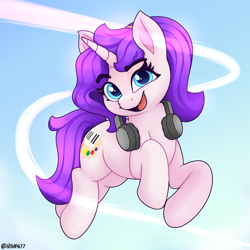 Size: 2500x2500 | Tagged: safe, artist:rivin177, imported from derpibooru, oc, oc only, oc:rivin, pony, unicorn, blue eyes, headphones, high res, hooves up, jumping, purple hair, purple pony, solo