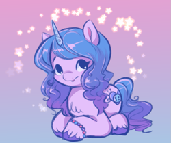 Size: 1001x837 | Tagged: safe, artist:trinkerichi, imported from derpibooru, izzy moonbow, pony, unicorn, bracelet, cute, female, g5, gradient background, izzybetes, jewelry, looking at you, lying down, my little pony: a new generation, prone, smiling, solo, stars, unshorn fetlocks