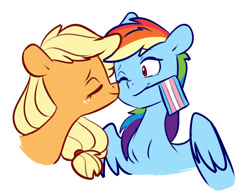 Size: 1280x999 | Tagged: safe, artist:chub-wub, imported from derpibooru, applejack, rainbow dash, earth pony, pegasus, pony, appledash, cheek kiss, crying, cute, dashabetes, eyes closed, female, freckles, jackabetes, kiss on the cheek, kissing, lesbian, mare, mouth hold, one eye closed, pride, pride flag, shipping, simple background, tears of joy, trans female, transgender, transgender pride flag, white background, wink