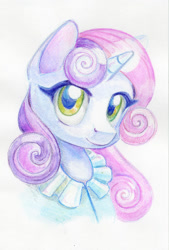 Size: 700x1037 | Tagged: safe, artist:maytee, imported from derpibooru, sweetie belle, pony, unicorn, bust, clothes, colored pencil drawing, cute, diasweetes, portrait, solo, traditional art