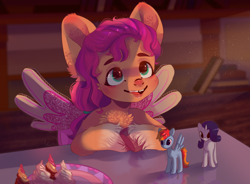 Size: 2533x1860 | Tagged: safe, artist:adishu, imported from derpibooru, rainbow dash, rarity, sunny starscout, earth pony, pony, big ears, blushing, book, chest fluff, coat markings, cupcake, cute, ear fluff, fake wings, female, filly, filly sunny starscout, food, g5, gap teeth, hoof fluff, open mouth, plate, socks (coat markings), solo, sunnybetes, table, toy, tumblr nose, unshorn fetlocks, wings, younger
