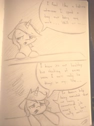 Size: 3072x4096 | Tagged: safe, artist:taurson, imported from derpibooru, oc, oc only, pony, unicorn, atg 2021, comic, depressed, dialogue, grayscale, monochrome, newbie artist training grounds, solo, speech bubble