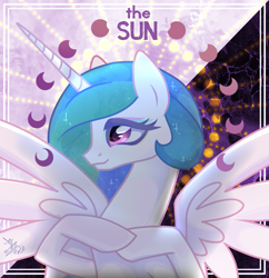 Size: 1257x1301 | Tagged: safe, artist:syriskater, imported from derpibooru, princess celestia, alicorn, pony, alternate hairstyle, catasterism, female, mare, raised hoof, solo, sun