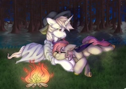 Size: 1754x1240 | Tagged: safe, artist:miphassl, imported from derpibooru, oc, bat pony, pony, unicorn, background, bat pony oc, bat wings, bonfire, commission, duo, fire, forest, forest background, peace, sleeping, tired, wings