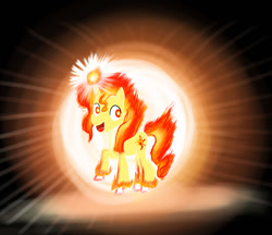 Size: 1280x1106 | Tagged: safe, artist:horsesplease, imported from derpibooru, sunset shimmer, fire pony, catasterism, darkness, fiery shimmer, fire, glow, glowing, mane of fire, night, paint tool sai, raised hoof, smiling, sun, sunshine shimmer