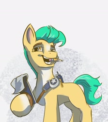 Size: 1842x2067 | Tagged: safe, artist:lytlethelemur, imported from derpibooru, hitch trailblazer, earth pony, pony, g5, male, mouth hold, notepad, pencil, simple background, stallion