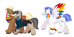 Size: 1280x640 | Tagged: safe, artist:itstechtock, imported from derpibooru, oc, oc only, oc:stoutheart, oc:swift wing, oc:waxing lyrical, bat pony, pegasus, pony, androsexual pride flag, colored wings, gay pride flag, male, mouth hold, multicolored wings, panromantic, pansexual pride flag, pride, pride flag, rainbow wings, simple background, stallion, transparent background, unshorn fetlocks, wings