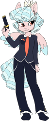 Size: 646x1604 | Tagged: safe, artist:northernlightsone, imported from derpibooru, cozy glow, anthro, pegasus, unguligrade anthro, bow, clothes, earpiece, female, freckles, gun, hair bow, handgun, microphone, necktie, older, older cozy glow, pants, pistol, secret agent, shirt, shoes, silencer, simple background, solo, spy, suit, transparent background, tuxedo, weapon