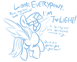 Size: 1877x1514 | Tagged: safe, artist:moonatik, imported from derpibooru, rainbow dash, pony, alternate hairstyle, cardboard, fake alicorn, female, gorilla glue, impersonating, implied twilight sparkle, mare, mocking, monochrome, simple background, sketch, solo, toilet paper roll, toilet paper roll horn, white background