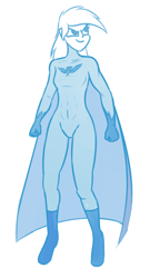 Size: 1054x1951 | Tagged: safe, artist:moonatik, imported from derpibooru, rainbow dash, human, boots, cape, clothes, female, gloves, humanized, muscles, shoes, simple background, sketch, solo, superhero, superhero costume, uniform, wonderbolts uniform