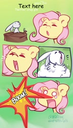 Size: 2343x4096 | Tagged: safe, artist:midnightpremiere, imported from derpibooru, angel bunny, fluttershy, pegasus, pony, rabbit, abuse, angelbuse, animal, animal abuse, cartoon violence, comic, death, duo, explosion, female, fluffy, imminent crying, male, mare, movie reference, reference, shrek, singing, teary eyes, wat