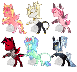 Size: 2350x2200 | Tagged: safe, artist:lavvythejackalope, imported from derpibooru, oc, oc only, bat pony, earth pony, pegasus, pony, unicorn, base used, bat pony oc, bat wings, bipedal, clothes, colored hooves, earth pony oc, eyes closed, high res, horn, pegasus oc, rearing, smiling, two toned wings, unicorn oc, wings