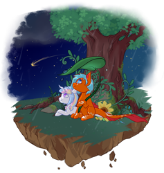 Size: 800x844 | Tagged: safe, artist:lavvythejackalope, imported from derpibooru, oc, oc only, pony, unicorn, commission, duo, floating island, flower, horn, looking up, lying down, night, outdoors, prone, shooting star, simple background, sitting, stars, tattoo, transparent background, tree, unicorn oc, ych result