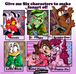 Size: 1398x1370 | Tagged: safe, artist:millefaller, artist:srtamilled, imported from derpibooru, pinkie pie, bear, bird, demon, dog, duck, earth pony, great dane, human, imp, pig, pony, six fanarts, anthro with ponies, bored, bust, collar, crossover, curly hair, ducktales, ducktales 2017, ear fluff, evil grin, female, flippy, fliqpy, gravity falls, grin, happy tree friends, hat, helluva boss, insanity, knife, louie, louie duck, mabel pines, male, moxxie, moxxie knolastname, ruh roh, scared, scooby doo, scooby doo (character), smiling, waddles