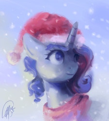 Size: 960x1068 | Tagged: safe, artist:malinetourmaline, imported from derpibooru, pony, christmas, clothes, hat, holiday, santa hat, scarf, snow, snowfall, solo