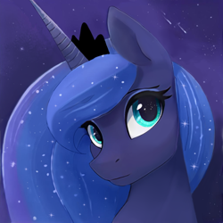 Size: 1024x1024 | Tagged: safe, artist:catachromatic, artist:thisponydoesnotexist, imported from derpibooru, princess luna, pony, ai assisted, ai content, bust, ethereal mane, eyeshadow, female, generator:thisponydoesnotexist, makeup, mare, neural network, night, night sky, overpaint, paintover, portrait, shooting star, sky, sky background, solo, starry mane