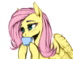 Size: 1160x936 | Tagged: safe, fluttershy, pegasus, pony, cup, food, simple background, tea