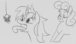 Size: 648x380 | Tagged: safe, artist:jargon scott, imported from derpibooru, bon bon, lyra heartstrings, sweetie drops, earth pony, monster pony, original species, pony, spider, spiderpony, unicorn, arachnophobia, bon bon is not amused, disgusted, female, grayscale, l.u.l.s., mare, monochrome, open mouth, simple background, tongue out, trio, unamused, varying degrees of amusement