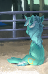 Size: 1290x1994 | Tagged: safe, artist:rhorse, lyra heartstrings, pony, unicorn, female, fence, gate, looking away, mare, sitting, solo
