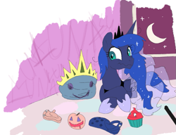 Size: 715x549 | Tagged: safe, princess luna, alicorn, pony, artificial intelligence, clipdraw, crocs, cropped, crown, cupcake, food, googly eyes, graffiti, jewelry, messy mane, moon, painting, pumpkin, regalia, sitting, window