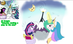 Size: 859x519 | Tagged: safe, princess celestia, twilight sparkle, alicorn, pony, unicorn, blushing, cannon, clipdraw, cloud, gritted teeth, magic, moon, mountain, open mouth