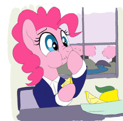 Size: 538x532 | Tagged: safe, pinkie pie, earth pony, pony, artificial intelligence, chair, clipdraw, clothes, cropped, desk, eating, food, lemon, plate, suit, window