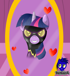 Size: 3840x4154 | Tagged: safe, alternate version, artist:damlanil, imported from derpibooru, twilight sparkle, alicorn, pony, blushing, carousel boutique, catsuit, clothes, costume, cute, female, grin, happy, heart, heart eyes, horn, latex, latex suit, looking at you, mare, mirror, open mouth, rubber, shadowbolts, shadowbolts costume, shine, shiny, simple background, smiling, solo, suit, twiabetes, twilight sparkle (alicorn), vector, wingding eyes, wings