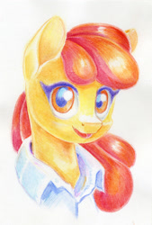 Size: 700x1036 | Tagged: safe, artist:maytee, imported from derpibooru, apple bloom, earth pony, pony, bust, clothes, colored pencil drawing, looking at you, portrait, shirt, smiling, solo, traditional art