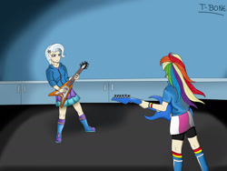 Size: 1280x960 | Tagged: safe, artist:t-bon3thepony, imported from derpibooru, rainbow dash, trixie, equestria girls, guitar centered, rainbow rocks, duo, female, guitar, musical instrument, room