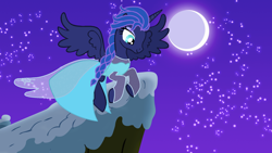 Size: 1920x1080 | Tagged: safe, artist:sirius-writer, imported from derpibooru, princess luna, pony, alternate hairstyle, blue dress, clothes, crossover, dress, elsa, flying, frozen (movie), moon, mountain, queen lunelsa, solo, winter