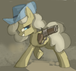 Size: 658x614 | Tagged: safe, artist:plunger, imported from derpibooru, oc, oc only, oc:the mare with no name, earth pony, pony, earth pony oc, female, gun, hat, side view, simple background, smiling, smirk, solo, weapon