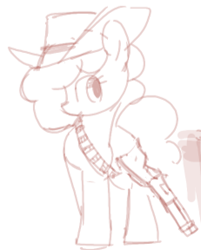 Size: 231x288 | Tagged: safe, artist:plunger, imported from derpibooru, oc, oc:the mare with no name, earth pony, pony, bandolier, female, gun, hat, monochrome, simple background, weapon, white background