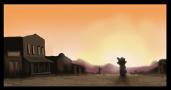 Size: 1176x623 | Tagged: safe, artist:plunger, imported from derpibooru, oc, oc:the mare with no name, earth pony, pony, building, cactus, female, hat, scenery, sunset, town, western