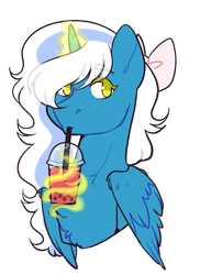 Size: 1023x1407 | Tagged: safe, artist:cchaoticwaters, imported from derpibooru, oc, oc:fleurbelle, alicorn, adorabelle, alicorn oc, boba tea, bow, chest fluff, cute, drink, drinking, drinking straw, female, hair bow, horn, magic, magic aura, mare, ocbetes, simple background, transparent background, wings, yellow eyes