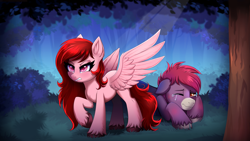 Size: 3840x2160 | Tagged: safe, artist:confetticakez, imported from derpibooru, oc, oc only, oc:cherry showers, earth pony, pegasus, pony, angry, crying, duo, high res, protecting, spread wings, wings