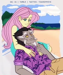 Size: 1613x1924 | Tagged: safe, artist:tiger-of-my-eye, imported from derpibooru, discord, fluttershy, equestria girls, adult, age difference, beach, discoshy, equestria girls-ified, female, male, pedophilia, shipping, straight, teenager