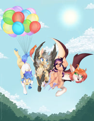 Size: 1920x2480 | Tagged: safe, artist:pvrii, imported from derpibooru, oc, oc only, earth pony, pegasus, pony, balloon, bat wings, giraffe pony, wings