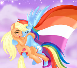 Size: 954x838 | Tagged: safe, artist:tiger-of-my-eye, imported from derpibooru, applejack, rainbow dash, earth pony, pegasus, pony, appledash, blushing, female, lesbian, lesbian pride flag, pride, pride flag, pride month, shipping