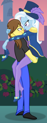 Size: 735x1920 | Tagged: safe, artist:grapefruit-face, imported from derpibooru, trixie, oc, oc:grapefruit face, equestria girls, equestria girls series, street magic with trixie, spoiler:eqg series (season 2), blushing, canon x oc, clothes, female, garden, grapexie, holding head, imminent kissing, lifting, looking at each other, male, one shoe off, outdoors, shipping, show accurate, socks, stocking feet, stockings, straight, thigh highs