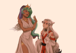 Size: 2048x1444 | Tagged: safe, artist:ghoasthead, imported from derpibooru, princess celestia, human, amaterasu, breasts, busty princess celestia, clothes, crossover, dark skin, dress, duo, female, hair over one eye, height difference, horn, horned humanization, humanized, okami, side slit, simple background, white background, winged humanization, wings