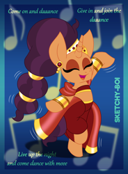 Size: 2800x3800 | Tagged: safe, artist:snakeythingy, imported from derpibooru, saffron masala, pony, belly dancer, belly dancer outfit, dancer, gradient background, high res, it's gonna work, lyrics, music notes, text